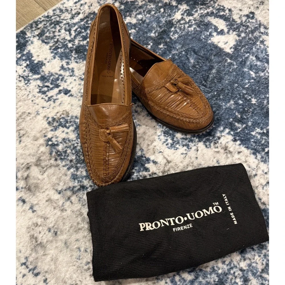 PRONTO UOMO Firenze Mens 10.5M Brown Basket Weave Leather‎ Loafer Tassels Italy